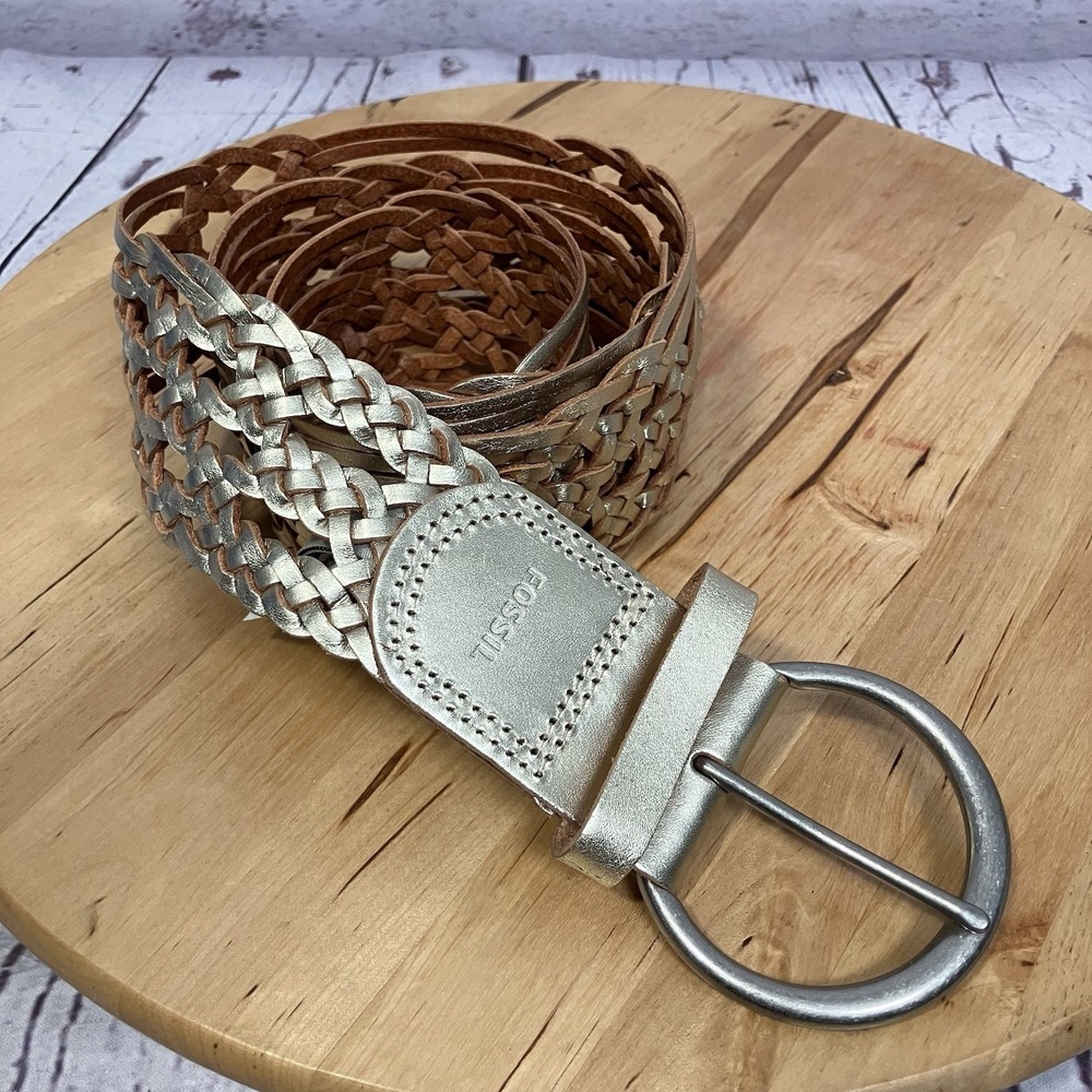 Fossil Genuine Leather Braided Belt‎ Brown Silver Round Buckle Womens L